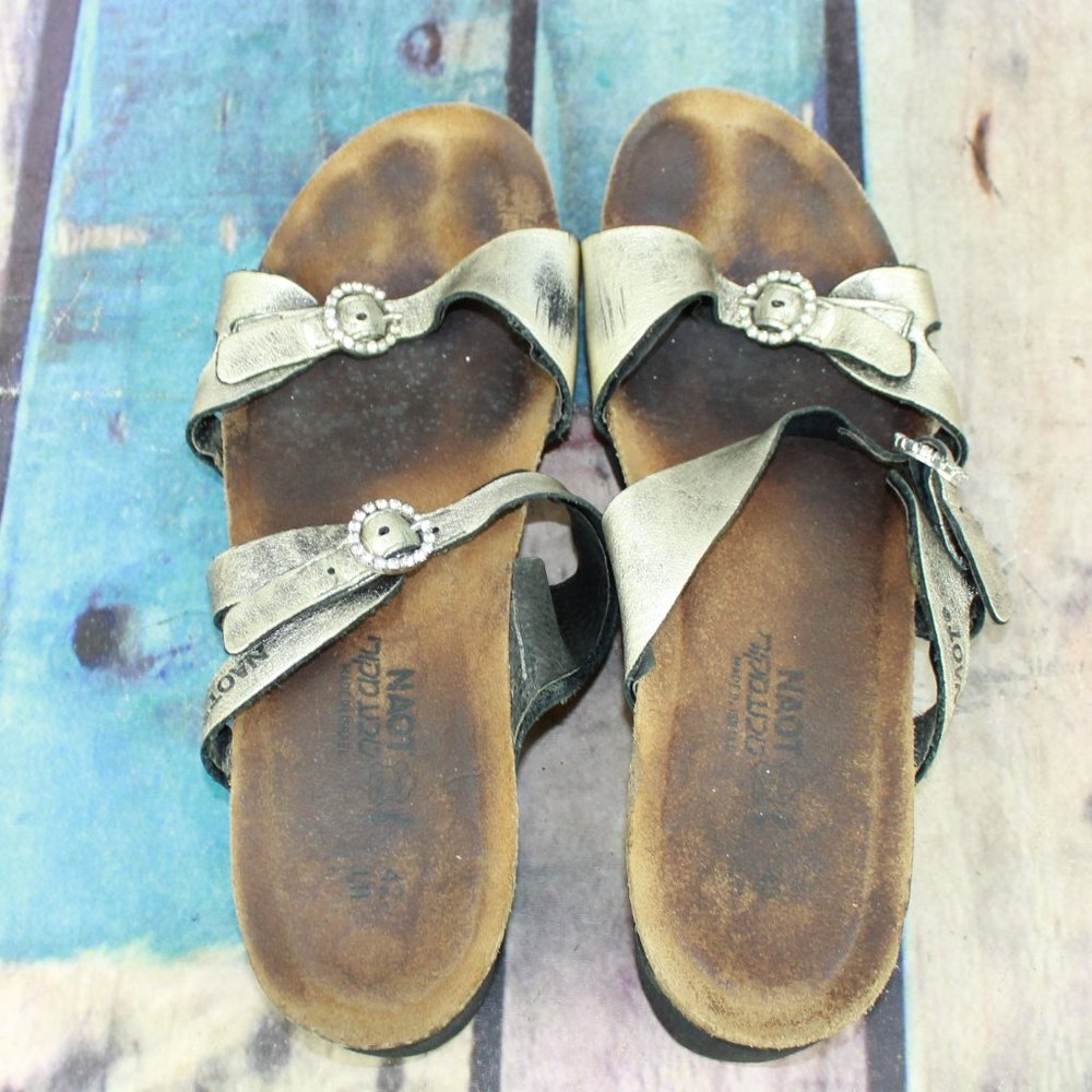 Naot Silver Leather Two Adjustable Strap Open Toe Slide Sandals Size 11 - Picture 8 of 9